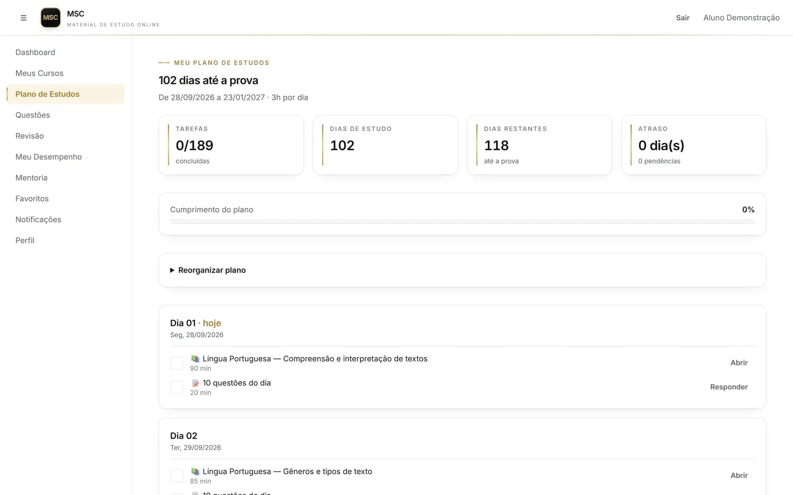 Plano de estudos da plataforma MSC com as tarefas de cada dia até a prova